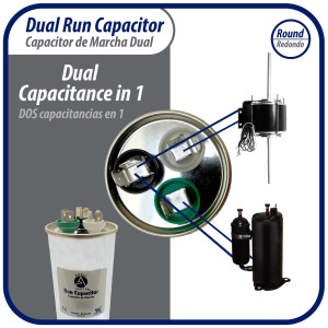 Appli Parts Dual Run Capacitor for ac 45+10 Mfd uF (microfarads) 370VAC or 450VAC Round Universal fit for hvac and other applications 5-3/8 in High 2-1/8 in Wide CON-45/10-450
 Appli Parts Dual Run Capacitor for ac 45+10 Mfd uF (microfarads) 370VAC or 450VAC Round Universal fit for hvac and other applications 5-3/8 in High 2-1/8 in Wide CON-45/10-450