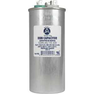 Appli Parts Dual Run Capacitor for ac 45+10 Mfd uF (microfarads) 370VAC or 450VAC Round Universal fit for hvac and other applications 5-3/8 in High 2-1/8 in Wide CON-45/10-450
 Appli Parts Dual Run Capacitor for ac 45+10 Mfd uF (microfarads) 370VAC or 450VAC Round Universal fit for hvac and other applications 5-3/8 in High 2-1/8 in Wide CON-45/10-450