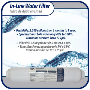 Appli Parts APWF-100 In Line Water Filter 1/4 in (Connectors Not Included) Service Life 2500 gallons or 1 year, Pressure Range 30 to 125 PSI maximum Appli Parts APWF-100 In Line Water Filter 1/4 in (Connectors Not Included) Service Life 2500 gallons or 1 year, Pressure Range 30 to 125 PSI maximum