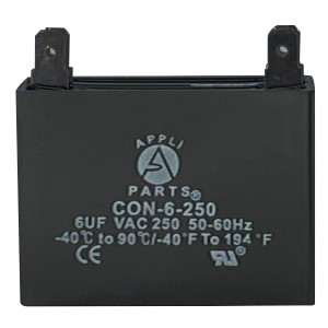 Appli Parts Fan Capacitor 6 mfd (microfarads) uf 250 VAC 4 Terminal Connections compatible with any brand within the same range of capacitance 1-7/8in Width 3/4in Depth 1-3/4in Height CAP-6-250 Appli Parts Fan Capacitor 6 mfd (microfarads) uf 250 VAC 4 Terminal Connections compatible with any brand within the same range of capacitance 1-7/8in Width 3/4in Depth 1-3/4in Height CAP-6-250