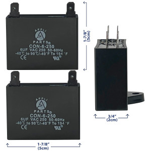 Appli Parts Fan Capacitor 6 mfd (microfarads) uf 250 VAC 4 Terminal Connections compatible with any brand within the same range of capacitance 1-7/8in Width 3/4in Depth 1-3/4in Height CAP-6-250 Appli Parts Fan Capacitor 6 mfd (microfarads) uf 250 VAC 4 Terminal Connections compatible with any brand within the same range of capacitance 1-7/8in Width 3/4in Depth 1-3/4in Height CAP-6-250