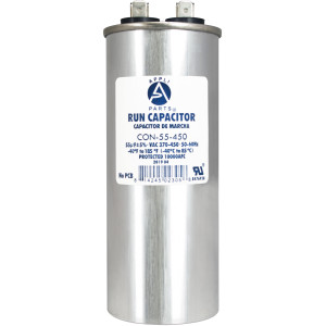 Appli Parts Run Capacitor for ac 55 Mfd uF (microfarads) 370 VAC or 450 VAC CBB65 Round Universal fit for hvac and other applications 5-1/4 in High 1-7/8 in Wide CON-55-450