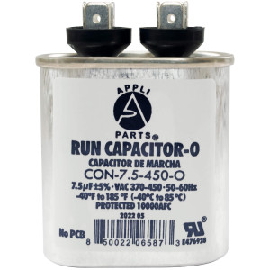 Appli Parts Run Capacitor for ac 7.5 Mfd uF (microfarads) 370 VAC or 450 VAC CBB65 Oval Universal fit for hvac and other applications 2-3/4in H 1-3/8in W 2-1/8in L CON-7.5-450-O Appli Parts Run Capacitor for ac 7.5 Mfd uF (microfarads) 370 VAC or 450 VAC CBB65 Oval Universal fit for hvac and other applications 2-3/4in H 1-3/8in W 2-1/8in L CON-7.5-450-O