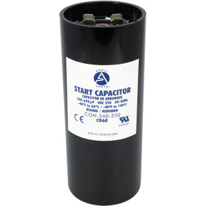 Appli Parts motor start capacitor 540-640 Mfd (microfarads) uF 250 VAC universal fit for electric motor applications 1-3/4 in Diameter 4-3/8 in Height CON-540-250

