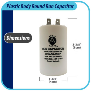 Appli Parts Run Capacitor for electric motors 30 Mfd uF (microfarads) 250VAC Plastic Case with terminals CBB60 Round Universal fit water pumps and others 3-3/8 in High 1-3/4 in Wide CON-30-250-P Appli Parts Run Capacitor for electric motors 30 Mfd uF (microfarads) 250VAC Plastic Case with terminals CBB60 Round Universal fit water pumps and others 3-3/8 in High 1-3/4 in Wide CON-30-250-P