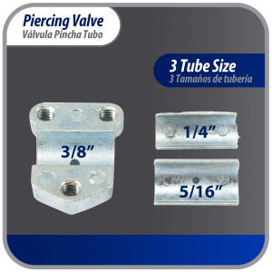 Appli Parts APT-PV110 1/4, 5/16, 3/8 in Bullet Piercing Valve kit with tube size adapters and o ring seal for small refrigeration systems with 1/4 in SAE Service Port Appli Parts APT-PV110 1/4, 5/16, 3/8 in Bullet Piercing Valve kit with tube size adapters and o ring seal for small refrigeration systems with 1/4 in SAE Service Port