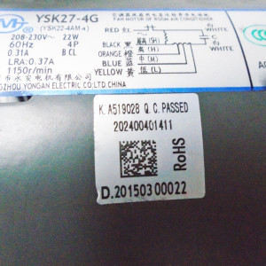 Fan Motor Indoor Unit ecox VRF YKSS-27-4-21 RoHS (YSK22-4M 4 ) 208-230V/60Hz 122W 4p 0.31A LRA 0.37A 1150rpm 202400401411 11002012001959 
Fits: EA5D12C00B