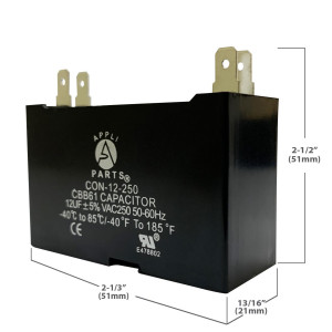 Appli Parts CAP-12-250 Fan Capacitor 12 mfd (microfarads) uf 250 VAC with 4 Terminal Connections compatible with any brand within the same range of capacitance 2-1/4 Width, 7/8 Depth, 1-3/4 in Height