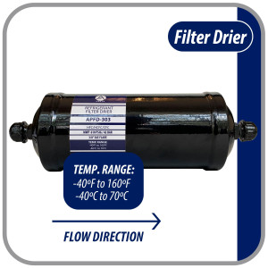 Appli Parts APFD-303 3/8 in Liquid Line Refrigerant AC Filter Drier hvac Refrigeration 303 SAE Flare connection universal unidirectional 10-1/2 in long 3-1/4 in wide