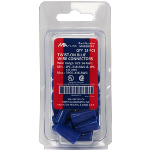 MA-Line MA01019-1 Blue Twist on Wire Connector No. 22 through 14 AWG. Bag of 25 MA-Line MA01019-1 Blue Twist on Wire Connector No. 22 through 14 AWG. Bag of 25
