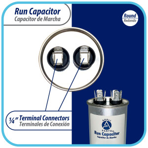 Appli Parts Run Capacitor for ac 75 Mfd uF (microfarads) 370 VAC or 450 VAC CBB65 Round Universal fit for hvac and other applications 5-3/8in High 2-1/8in Wide CON-75-450