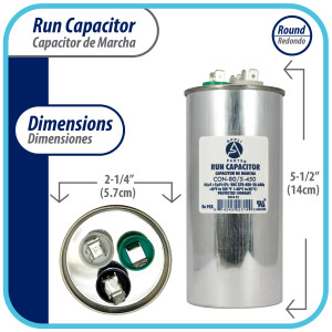 Appli Parts Dual Run Capacitor for ac 80+5 Mfd uF (microfarads) 370VAC or 450VAC CBB65 Round Universal fit for hvac and other applications 5-1/2 in High 2-1/4 in Wide CON-80/5-450