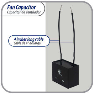 Appli Parts Fan Capacitor 6 mfd (microfarads) uf 250 VAC with 2 Wire Terminal Connections compatible with any brand with same capacitance 1-7/8in Width 3/4in Depth 1-3/8in Height CAP-6-250-2C Appli Parts Fan Capacitor 6 mfd (microfarads) uf 250 VAC with 2 Wire Terminal Connections compatible with any brand with same capacitance 1-7/8in Width 3/4in Depth 1-3/8in Height CAP-6-250-2C