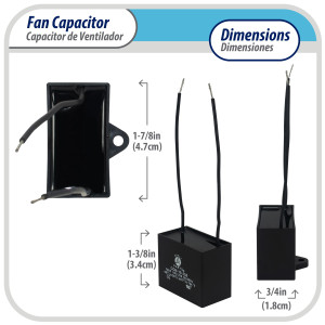 Appli Parts Fan Capacitor 6 mfd (microfarads) uf 250 VAC with 2 Wire Terminal Connections compatible with any brand with same capacitance 1-7/8in Width 3/4in Depth 1-3/8in Height CAP-6-250-2C Appli Parts Fan Capacitor 6 mfd (microfarads) uf 250 VAC with 2 Wire Terminal Connections compatible with any brand with same capacitance 1-7/8in Width 3/4in Depth 1-3/8in Height CAP-6-250-2C