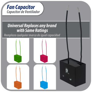 Appli Parts Fan Capacitor 6 mfd (microfarads) uf 250 VAC with 2 Wire Terminal Connections compatible with any brand with same capacitance 1-7/8in Width 3/4in Depth 1-3/8in Height CAP-6-250-2C Appli Parts Fan Capacitor 6 mfd (microfarads) uf 250 VAC with 2 Wire Terminal Connections compatible with any brand with same capacitance 1-7/8in Width 3/4in Depth 1-3/8in Height CAP-6-250-2C