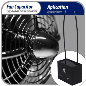 Appli Parts Fan Capacitor 6 mfd (microfarads) uf 250 VAC with 2 Wire Terminal Connections compatible with any brand with same capacitance 1-7/8in Width 3/4in Depth 1-3/8in Height CAP-6-250-2C Appli Parts Fan Capacitor 6 mfd (microfarads) uf 250 VAC with 2 Wire Terminal Connections compatible with any brand with same capacitance 1-7/8in Width 3/4in Depth 1-3/8in Height CAP-6-250-2C