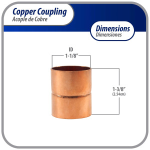 Appli Parts AP-A118 1-1/8 in Wrot Copper Coupling fitting CxC Sweat connections for refrigeration, air conditioning and plumbing applications ACR and Type L copper pipe Appli Parts AP-A118 1-1/8 in Wrot Copper Coupling fitting CxC Sweat connections for refrigeration, air conditioning and plumbing applications ACR and Type L copper pipe