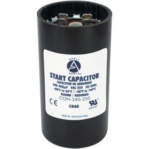 Appli Parts motor start capacitor 340-408 Mfd (microfarads) uF 250 VAC universal fit for electric motor applications 1-3/4 in Diameter 4-3/8 in Height CON-340-250


