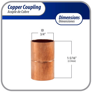 Appli Parts AP-A034 3/4 in Wrot Copper Coupling fitting CxC Sweat connections for refrigeration, air conditioning and plumbing applications ACR and Type L copper pipe Appli Parts AP-A034 3/4 in Wrot Copper Coupling fitting CxC Sweat connections for refrigeration, air conditioning and plumbing applications ACR and Type L copper pipe