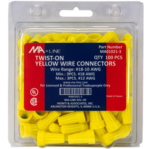 MA-Line MA01021-3 Yellow Twist on Wire Connector No. 18 through 10 AWG. Bag of 100ea MA-Line MA01021-3 Yellow Twist on Wire Connector No. 18 through 10 AWG. Bag of 100ea
