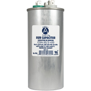 Appli Parts CON-50/5-450 Dual Run Capacitor for ac 50+5 Mfd uF (microfarads) 370VAC or 450VAC CBB65 Round Universal fit for hvac and other applications 5-1/4in High 2-1/8in Wide Replaces CAP-50/5-450