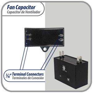 Appli Parts Fan Capacitor 10 mfd (microfarads) uf 450 VAC 4 Terminal Connections compatible with any brand within the same range of capacitance 2-1/4in Width 7/8in Depth 1-7/8in Height CAP-10-450