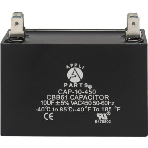 Appli Parts CAP-10-450 Fan Capacitor 10 mfd (microfarads) uf 450 VAC 4 Terminal Connections compatible with any brand within the same range of capacitance 2-1/4in Width 7/8in Depth 1-7/8in Height
