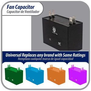Appli Parts CAP-10-450 Fan Capacitor 10 mfd (microfarads) uf 450 VAC 4 Terminal Connections compatible with any brand within the same range of capacitance 2-1/4in Width 7/8in Depth 1-7/8in Height