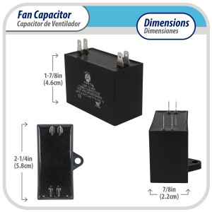 Appli Parts CAP-10-450 Fan Capacitor 10 mfd (microfarads) uf 450 VAC 4 Terminal Connections compatible with any brand within the same range of capacitance 2-1/4in Width 7/8in Depth 1-7/8in Height