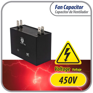 Appli Parts CAP-3.5-450 Fan Capacitor 3.5 mfd (microfarads) uf 450 VAC with 4 Terminal Connections compatible with any brand within the same range capacitance 1-7/8in Width 3/4in Depth 1-1/2in Height