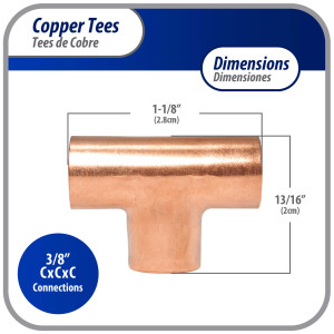 Appli Parts AP-T038 3/8 in Wrot Copper Tee CxCxC connections for refrigeration, air conditioning and plumbing applications ACR and Type L copper pipe Appli Parts AP-T038 3/8 in Wrot Copper Tee CxCxC connections for refrigeration, air conditioning and plumbing applications ACR and Type L copper pipe