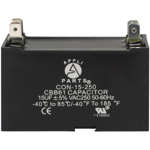 Appli Parts Fan Capacitor 15 mfd (microfarads) uf 250 VAC with 4 Terminal Connections compatible with any brand within the same range of capacitance 2-1/4in Width 7/8in Depth 1-3/4in Height CAP-15-250 Appli Parts Fan Capacitor 15 mfd (microfarads) uf 250 VAC with 4 Terminal Connections compatible with any brand within the same range of capacitance 2-1/4in Width 7/8in Depth 1-3/4in Height CAP-15-250