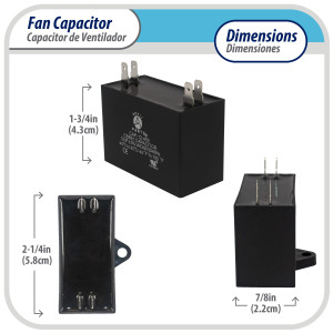 Appli Parts Fan Capacitor 15 mfd (microfarads) uf 250 VAC with 4 Terminal Connections compatible with any brand within the same range of capacitance 2-1/4in Width 7/8in Depth 1-3/4in Height CAP-15-250 Appli Parts Fan Capacitor 15 mfd (microfarads) uf 250 VAC with 4 Terminal Connections compatible with any brand within the same range of capacitance 2-1/4in Width 7/8in Depth 1-3/4in Height CAP-15-250