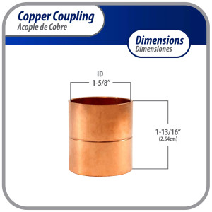 Appli Parts AP-A158 1-5/8 in Wrot Copper Coupling fitting CxC Sweat connections for refrigeration, air conditioning and plumbing applications ACR and Type L copper pipe (5 x Bag)
 Appli Parts AP-A158 1-5/8 in Wrot Copper Coupling fitting CxC Sweat connections for refrigeration, air conditioning and plumbing applications ACR and Type L copper pipe (5 x Bag)