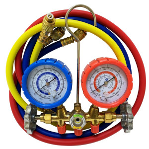 Appli Parts APMG-A4B36S R600 Manifold Gauge Set, Brass Body with Sight-glass, Includes 36 in Hose Set 1/4in SAE, Dual Pressure psi/Bar, Dual Temperature Fahrenheit/Celsius Scales  Appli Parts APMG-A4B36S R600 Manifold Gauge Set, Brass Body with Sight-glass, Includes 36 in Hose Set 1/4in SAE, Dual Pressure psi/Bar, Dual Temperature Fahrenheit/Celsius Scales