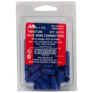 MA-Line MA01019-2 Blue Twist on Wire Connector No. 22 through 14 AWG. Bag of 50ea MA-Line MA01019-2 Blue Twist on Wire Connector No. 22 through 14 AWG. Bag of 50ea