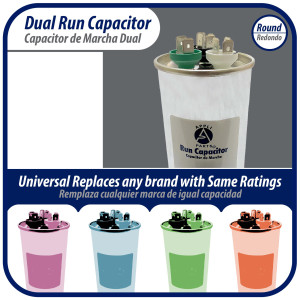 Appli Parts Dual Run Capacitor for ac 25+5 Mfd uF (microfarads) 370VAC CBB65 Round Universal fit for hvac and other applications 2 in Wide 3-3/4 in Height CON-25/5-370-R

