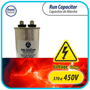 Appli Parts Run Capacitor for ac 60 Mfd uF (microfarads) 370 VAC or 450 VAC CBB65 Round Universal fit for hvac and other applications 5-7/16 in High 2 in Wide CON-60-450 Appli Parts Run Capacitor for ac 60 Mfd uF (microfarads) 370 VAC or 450 VAC CBB65 Round Universal fit for hvac and other applications 5-7/16 in High 2 in Wide CON-60-450