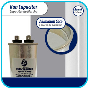 Appli Parts Run Capacitor for ac 60 Mfd uF (microfarads) 370 VAC or 450 VAC CBB65 Round Universal fit for hvac and other applications 5-7/16 in High 2 in Wide CON-60-450 Appli Parts Run Capacitor for ac 60 Mfd uF (microfarads) 370 VAC or 450 VAC CBB65 Round Universal fit for hvac and other applications 5-7/16 in High 2 in Wide CON-60-450