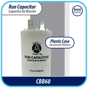 Appli Parts Run Capacitor for electric motors 55 Mfd uF (microfarads) 250VAC Plastic Case with terminals CBB60 Round Universal fit water pumps and others 4-1/4 in High 2 in Wide CON-55-250-P
