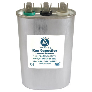 Appli Parts CON-40/5-370 Dual Run Capacitor for ac 40+5 Mfd uF (microfarads) 370VAC CBB65 Oval Universal fit for hvac and other applications 2-3/4in Wide 1-3/4in Depth 4-1/4in High