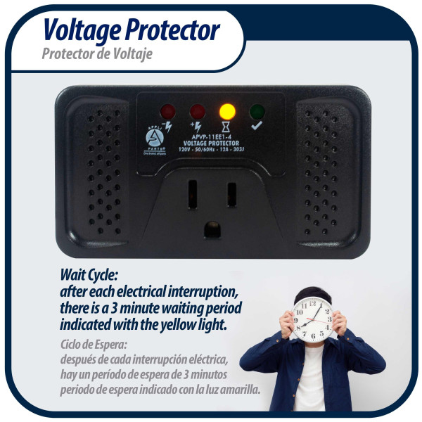 Appli Parts APVP-11EE1-4 120 V Voltage Surge Protector for Refrigerators with Digital Boards, 50/60 Hz, 12 A, 303 joules, regulator with time delay works with all appliance brands Appli Parts APVP-11EE1-4 120 V Voltage Surge Protector for Refrigerators with Digital Boards, 50/60 Hz, 12 A, 303 joules, regulator with time delay works with all appliance brands