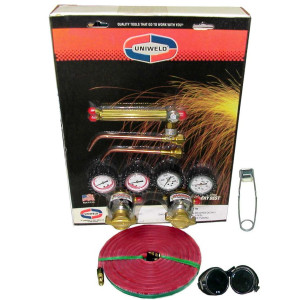 Uniweld Welding Outfit K24 Includes: Welding Handle / Brazing Tips / Oxygen and Acetylene Regulator / Twin Hose / Goggles / Flint Lighter / Tank Key / Carrying Stand and Tanks not Included Uniweld Welding Outfit K24 Includes: Welding Handle / Brazing Tips / Oxygen and Acetylene Regulator / Twin Hose / Goggles / Flint Lighter / Tank Key / Carrying Stand and Tanks not Included
