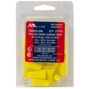 MA-Line MA01021-1 Yellow Twist on Wire Connector No. 18 through 10 AWG. Bag of 25ea MA-Line MA01021-1 Yellow Twist on Wire Connector No. 18 through 10 AWG. Bag of 25ea