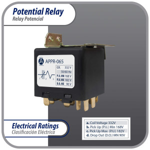 Appli Parts APPR-065 Potential Relay 065, Coil Voltage 332 V, Min Pick up 168 V, Max Pick up 182 V, Max Drop Out 90 V, 50/60 Hz Universal replacement for HVAC and Refrigeration units Appli Parts APPR-065 Potential Relay 065, Coil Voltage 332 V, Min Pick up 168 V, Max Pick up 182 V, Max Drop Out 90 V, 50/60 Hz Universal replacement for HVAC and Refrigeration units