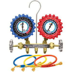 Uniweld QS8N5SM410A-8 Maniflold R410, R32, psi/bar, Celsius, 2-V Brass with 3-1/8 in NPF Gauges 5 ft SMB Ez-Turn AB Hoses
