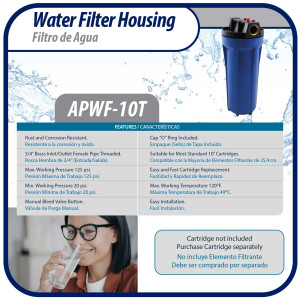 Appli Parts APWF-10A Water Filter 10 in Blue with 3/4 in Female Bronze Connector (Does not include the filter element) Appli Parts APWF-10A Water Filter 10 in Blue with 3/4 in Female Bronze Connector (Does not include the filter element)