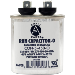Appli Parts Run Capacitor for ac 5 Mfd uF (microfarads) 370 VAC or 450 VAC CBB65 Oval Universal fit for hvac and other applications 2-3/4in H 1-3/8in W 2-1/8in L CON-5-450-O Appli Parts Run Capacitor for ac 5 Mfd uF (microfarads) 370 VAC or 450 VAC CBB65 Oval Universal fit for hvac and other applications 2-3/4in H 1-3/8in W 2-1/8in L CON-5-450-O