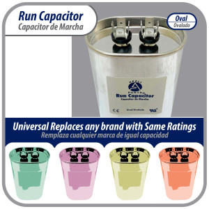 Appli Parts Run Capacitor for ac 5 Mfd uF (microfarads) 370 VAC or 450 VAC CBB65 Oval Universal fit for hvac and other applications 2-3/4in H 1-3/8in W 2-1/8in L CON-5-450-O Appli Parts Run Capacitor for ac 5 Mfd uF (microfarads) 370 VAC or 450 VAC CBB65 Oval Universal fit for hvac and other applications 2-3/4in H 1-3/8in W 2-1/8in L CON-5-450-O