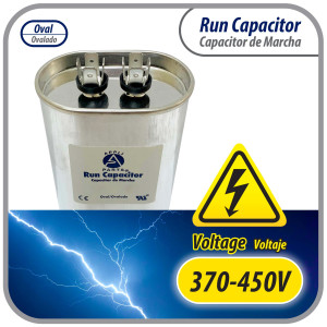 Appli Parts Run Capacitor for ac 5 Mfd uF (microfarads) 370 VAC or 450 VAC CBB65 Oval Universal fit for hvac and other applications 2-3/4in H 1-3/8in W 2-1/8in L CON-5-450-O Appli Parts Run Capacitor for ac 5 Mfd uF (microfarads) 370 VAC or 450 VAC CBB65 Oval Universal fit for hvac and other applications 2-3/4in H 1-3/8in W 2-1/8in L CON-5-450-O
